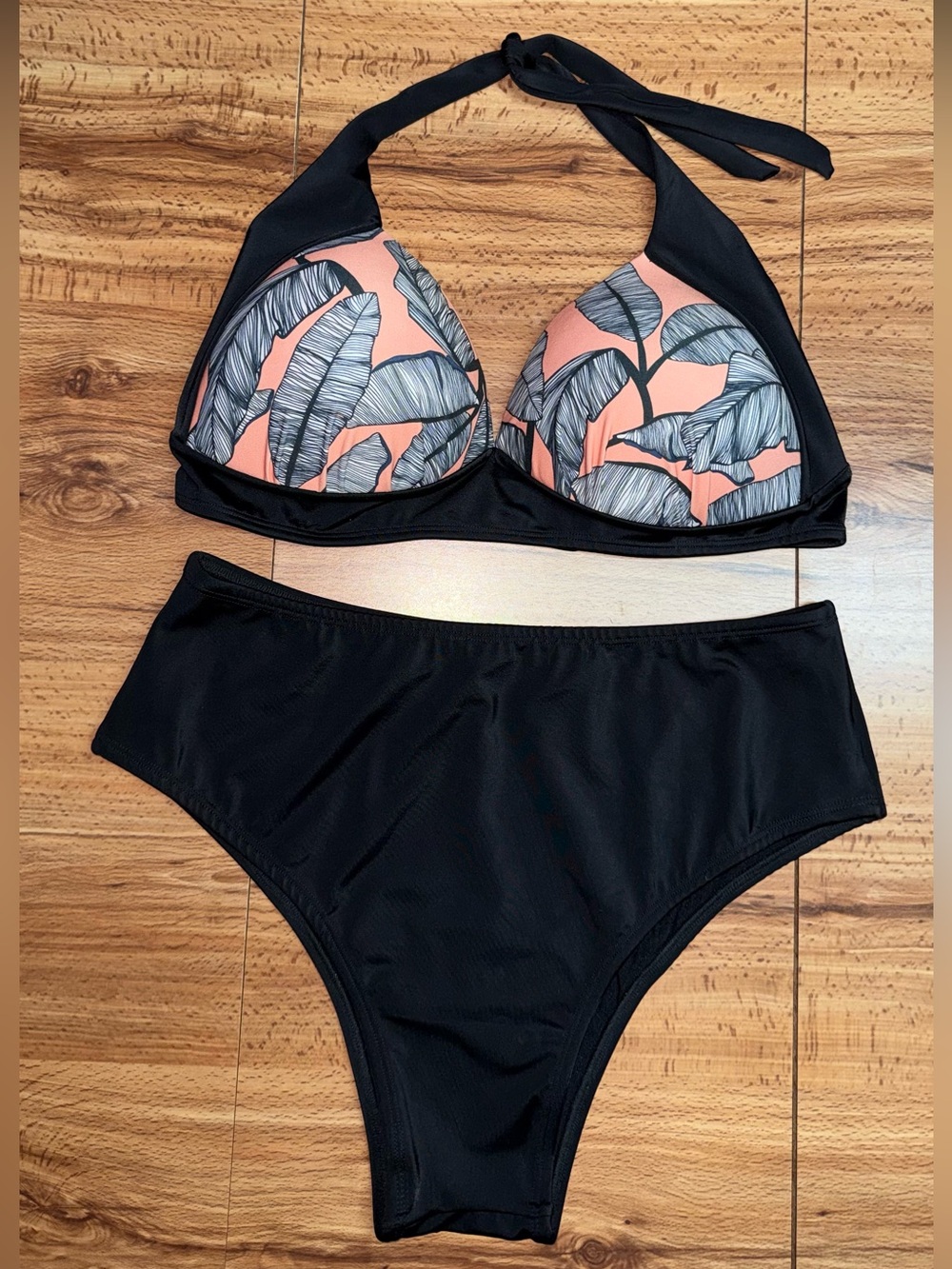 Women’s High Waisted Bikini Set in Blue & Coral Leaf Print Bulge Control Top